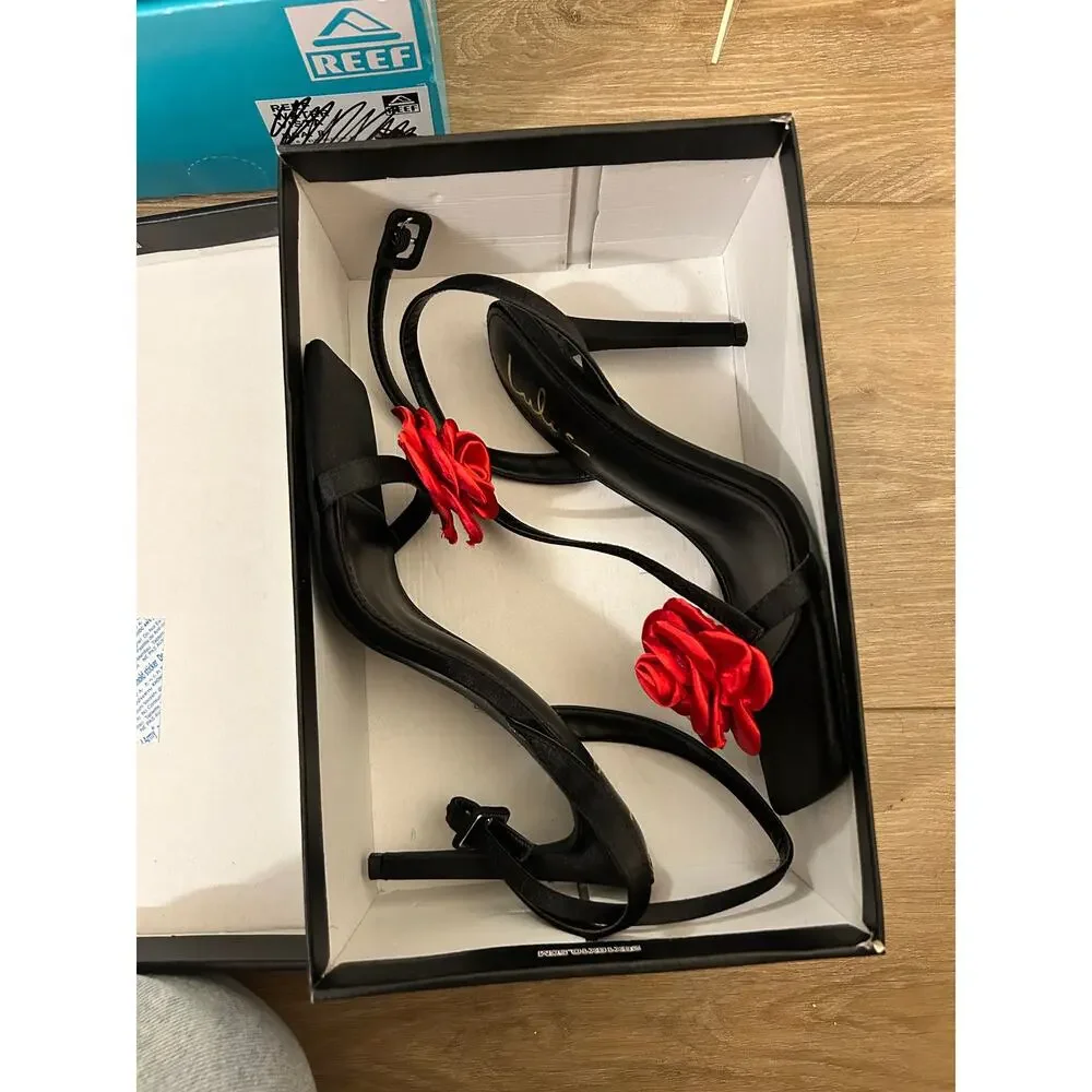 Black Satin Red Rosette Ankle Strap Heels by Lulus Size 7